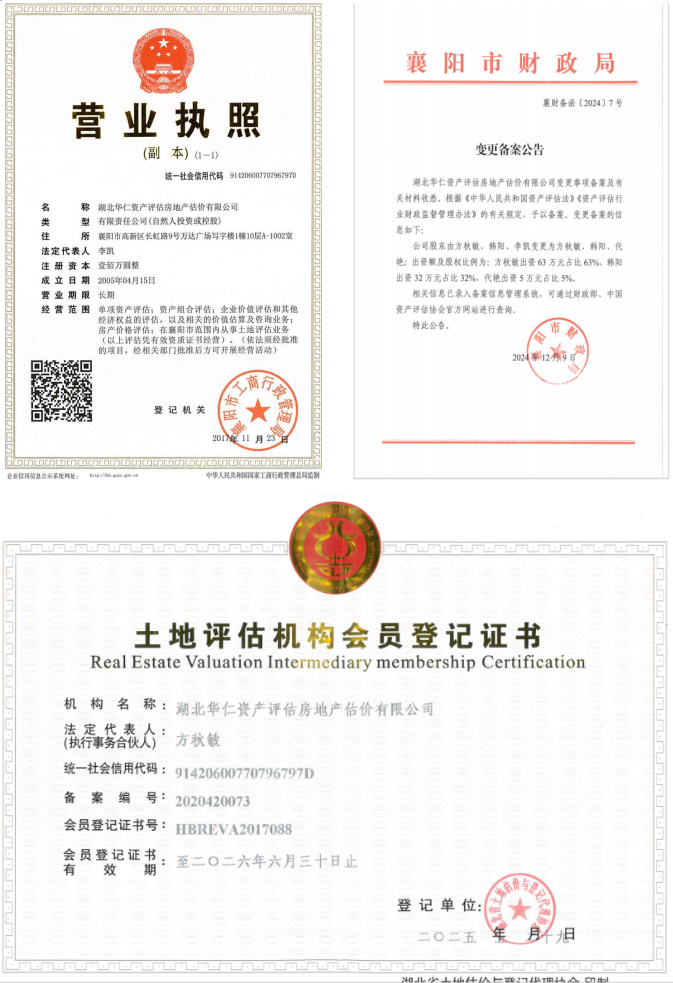 華仁資產(chǎn)評估房地產(chǎn)估價有限公司營業(yè)執(zhí)照、資產(chǎn)評估備案公告、土地評估機構(gòu)登記證書
